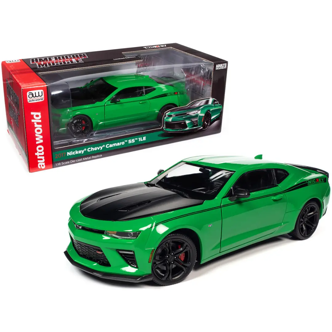 2017 Chevrolet Nickey Camaro Ss 1Le Krypton Green With Matte Black Hood And Black Stripes 1/18 Diecast Model Car By Auto World 1