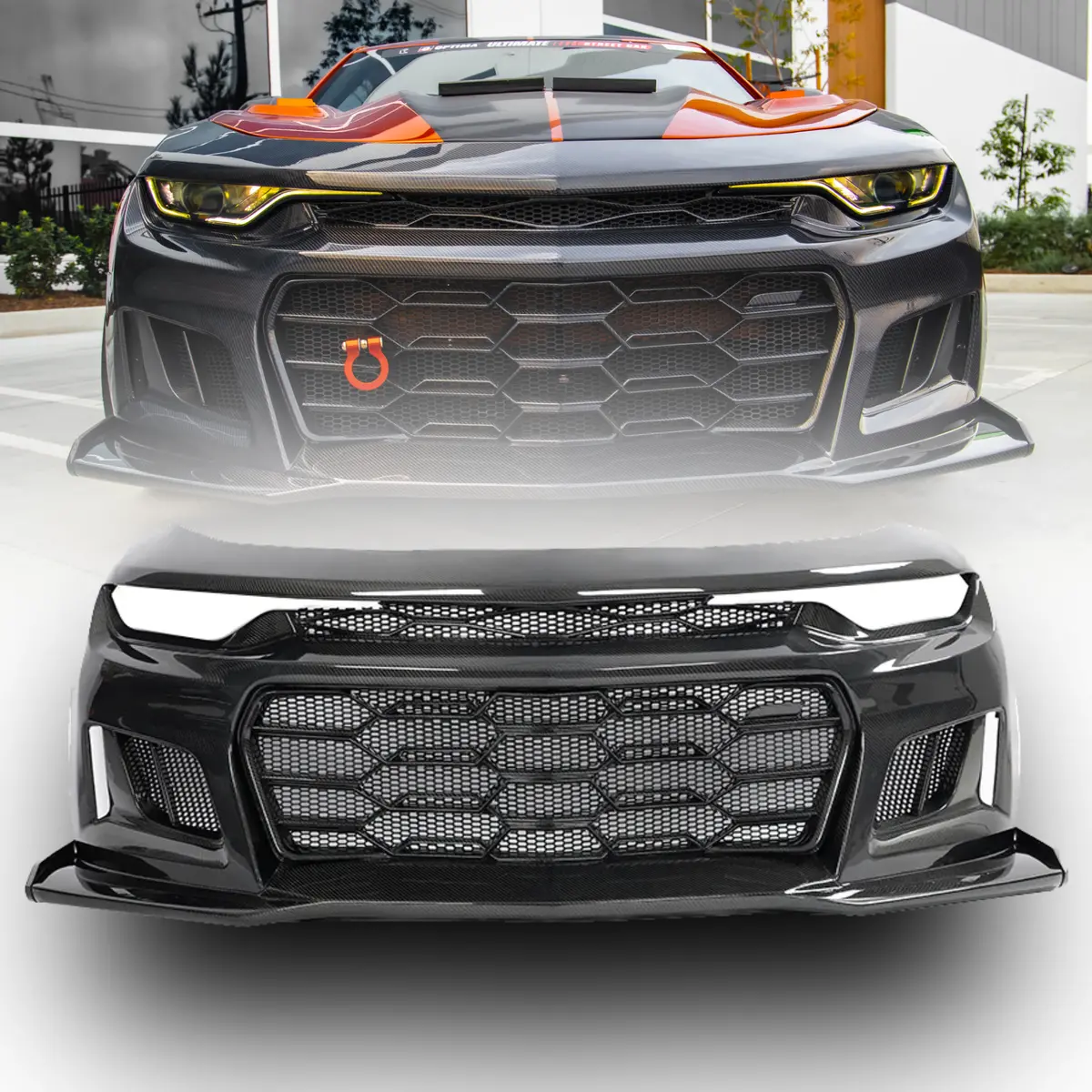2019-2024 Chevy Camaro Ss Rs Lt Black Panther Zl1 1Le 1Pc Full Gloss Carbon Fiber Track Package Front Bumper Conversion For Rs Headlights 1