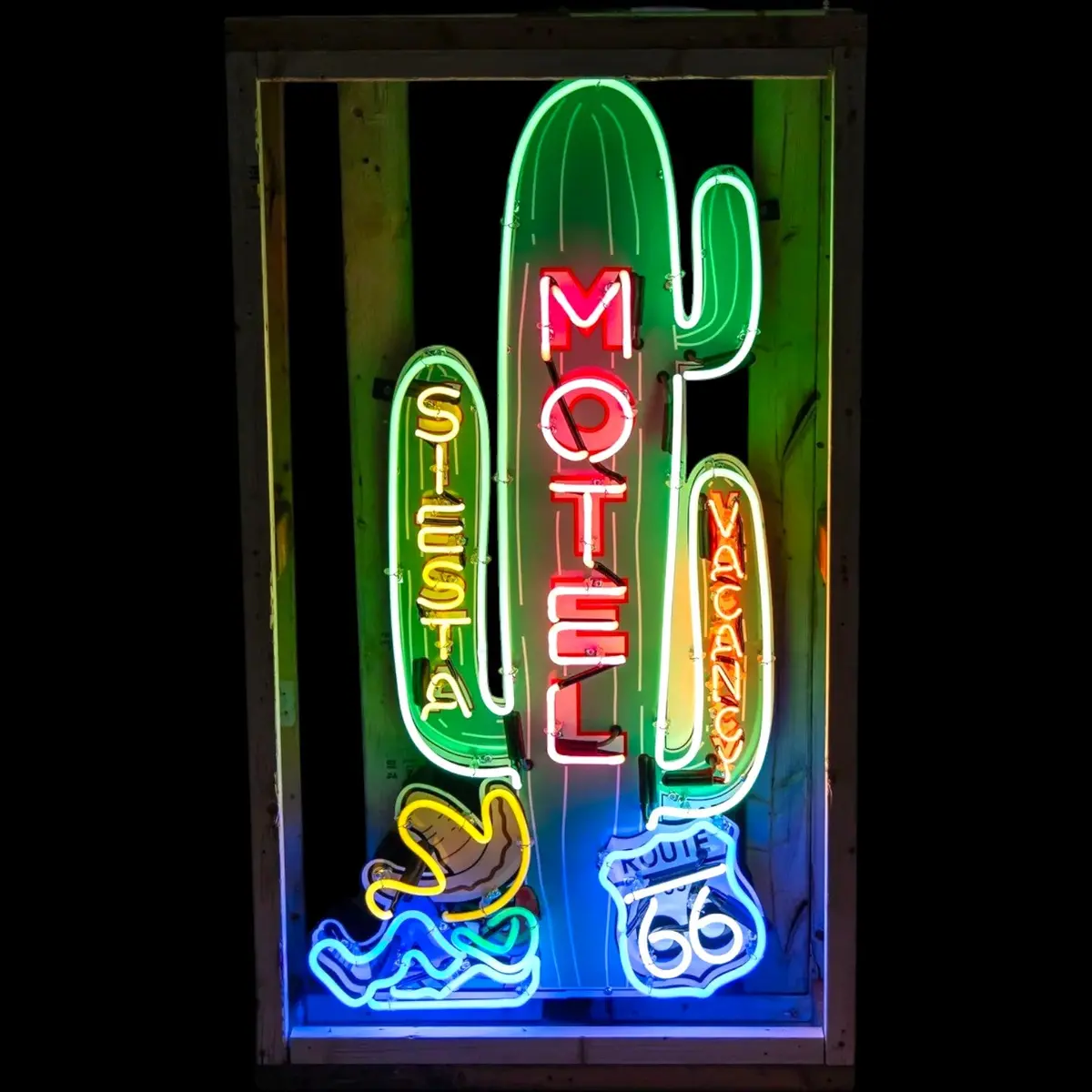 Route 66 Cactus Siesta Motel Neon Sign – Real Glass, Porcelain, Steel Can 1