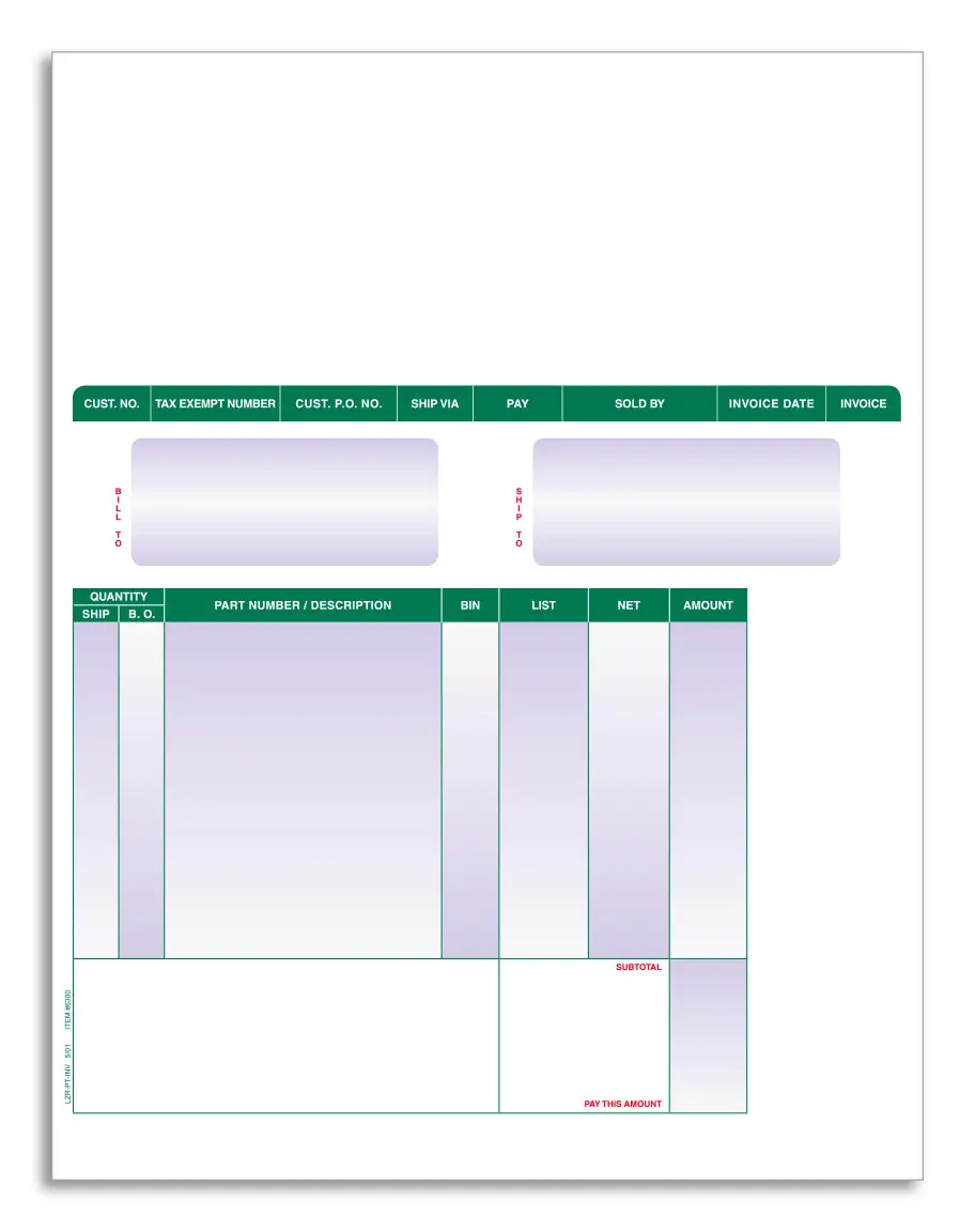 Laser Parts Invoices For Automotive Dealerships (Form Lzr-Pt-Inv) – Universal Compatible 1-Part 8-1/2" × 11" Laser Cut Sheets On 20# White Laser Paper – Professional Auto Parts Billing Forms 1
