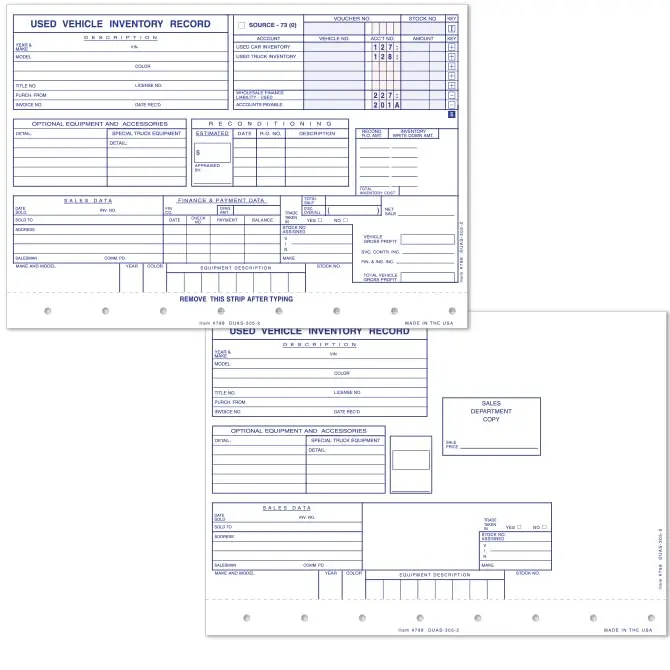 Used Vehicle Inventory Cards – 2-Part Snap-Out Carbonless System With Green & White Tags – 8" X 5-5/8" Sales & Accounting Vehicle Record Forms – Car Dealership Inventory Management 1