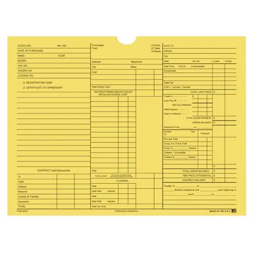 Original 3-In-1 Deal Jackets For New & Used Vehicles – 9" X 12" Size With 1/2" Extension – Durable 32# Kraft Buff Stock, Black Ink Printing – Automotive Deal Management Document Organizer – Shrink-Wrapped Packs 1
