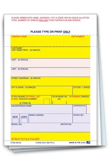 Premium Vehicle Deal Labels For Automotive Dealerships (Aa-168 P/A-3) - 3-Part Carbon Interleaved (White, White, Blue) With Permanent Adhesive Back - 3-7/16" × 4-3/4" Size 1