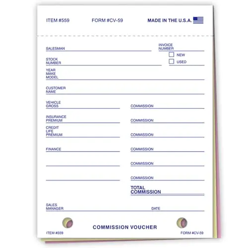 Automotive Commission Voucher (Form Cv-59) – 4-1/4" X 5-5/8" – 3-Part Snap-Out Carbonless Commission Forms – White, Canary & Pink Copies – Pre-Punched File Holes – Accurate Sales Commission Tracking For Car Dealerships – 100-Pack 1