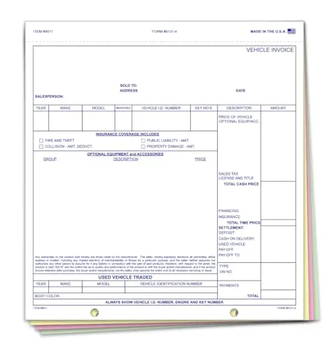Vehicle Invoice (Form 6131-4) – 8.5" X 9-1/8" 4-Part Snap-Out Carbonless Copies (White, Canary, Pink, Green) – Universal Vehicle Sales Invoice For Car Dealerships 1