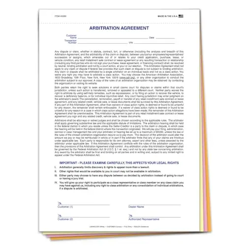 Automotive Dealership Arbitration Agreement Form – 8.5" X 11.75" – 4-Part Snap-Out Carbonless Dispute Resolution Contract – Binding Arbitration & Legal Dispute Settlement Form – Bulk 100-Pack 1
