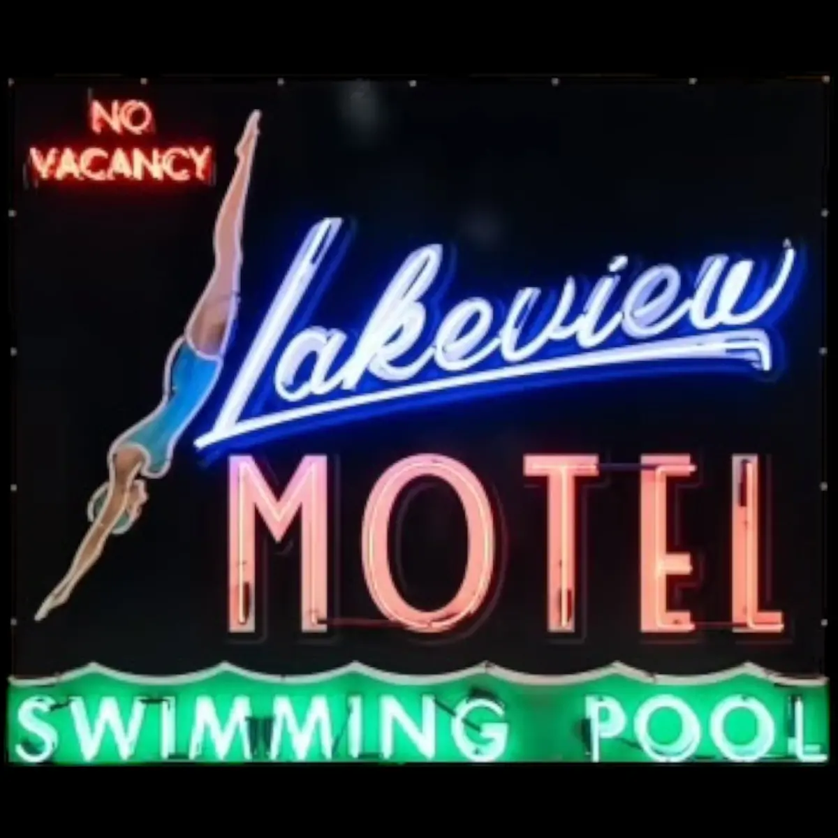 Lakeview Motel Glass Neon Porcelain Vintage Advertising Reproduction With Steel Can 1