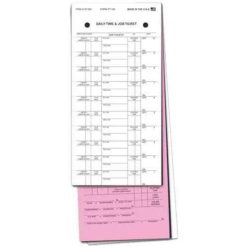 Premium Job Time Tickets For Mechanic Tracking (Form Tt-136) – Carbon Interleaved 3-Part Snap-Out Adhesive Time Cards – 4-1/4" × 11-1/8" Pink & White Tags – Black Ink Printing For Auto Repair & Service Shops 1