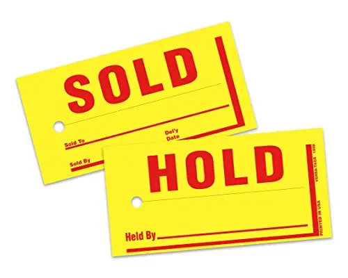 Mini Hold/Sold Tags For Car Dealerships – Heavy-Duty 4-3/4" X 2-3/8" Merchandise Inventory Tags With 1/4" Reinforced Hole – Bright Yellow Tags With Red Print For Vehicle Lot & Parts Management 1