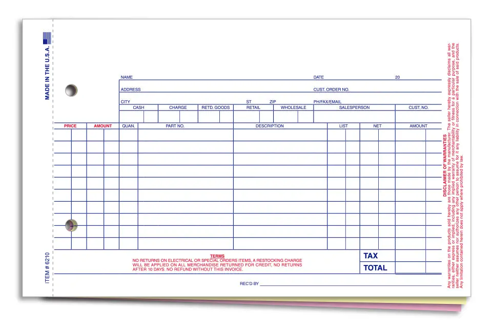 Professional Grade Automotive Parts Invoice – 3-Part Snap-Out Carbonless Billing Invoice Forms – Detailed Parts List, Net Price & Amount Sections – 9-1/8" × 5-2/3" Work Order Invoice Bundle 1