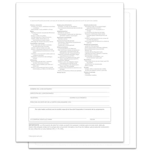 Backer Only Spanish Interior Buyers Guide For Car Dealerships - 8.5" X 11" Fade-Resistant Vehicle Warranty Form - Ftc Compliant Auto Sales Window Sticker - Laser Printer Compatible, Permanent Adhesive 1