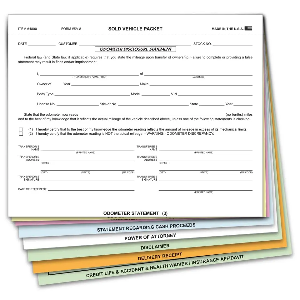 Sold Vehicle Combination Form For Automotive Business - 8-Part Snap-Out Carbonless Copies With Multi-Part Odometer Statement - 8.5" X 8" Size - Vehicle Sales Documentation, Dealership Auto Paperwork 1