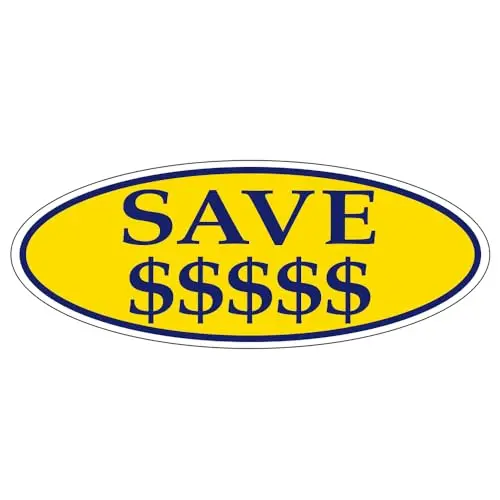Save $$$$$ Car Window Vinyl Decal Sticker – Dark Blue On Yellow Oval For Car Dealerships – 14" X 5-1/2" Weatherproof Outdoor Auto Window Sign, Multi-Pack Available 1