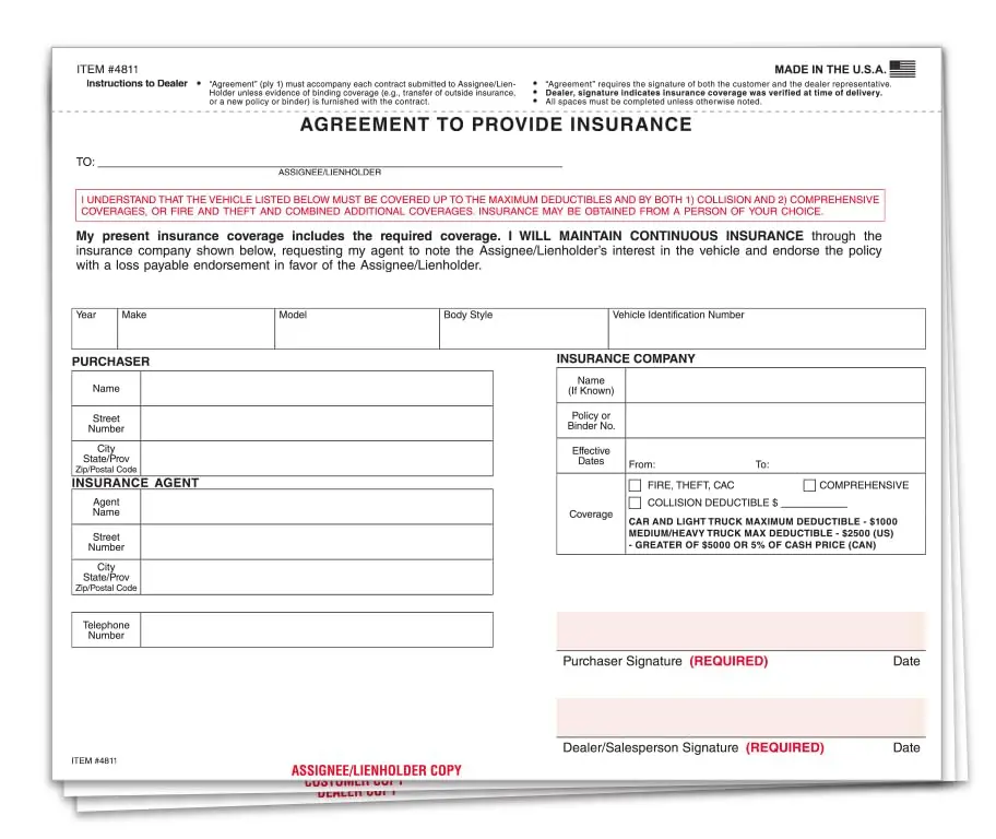 Agreement To Provide Insurance Form - 8.5" × 7" Size, 3-Part Snap-Out Carbonless Copies In White - Vehicle Insurance Coverage Agreement, Dealership Sales Documentation 1