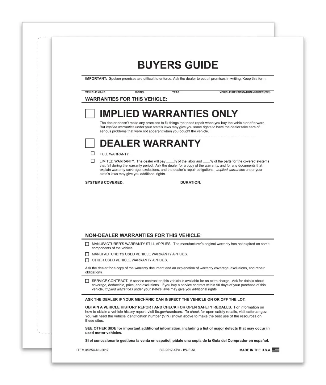 Implied Warranty – No Lines Exterior Buyers Guide For Car Dealerships - 8.5" X 11" 1-Part Weather-Resistant Ftc-Compliant Forms - Permanent 4-Side Self-Adhesive, Laser Compatible 1