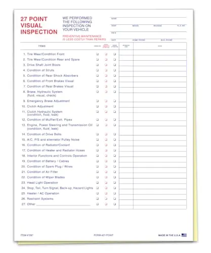 27 Point Inspection - 2 Part Carbonless Vehicle Inspection Form For Customer Satisfaction And Additional Repairs - 8-1/2"×11" Edge Glued - White, Canary 1