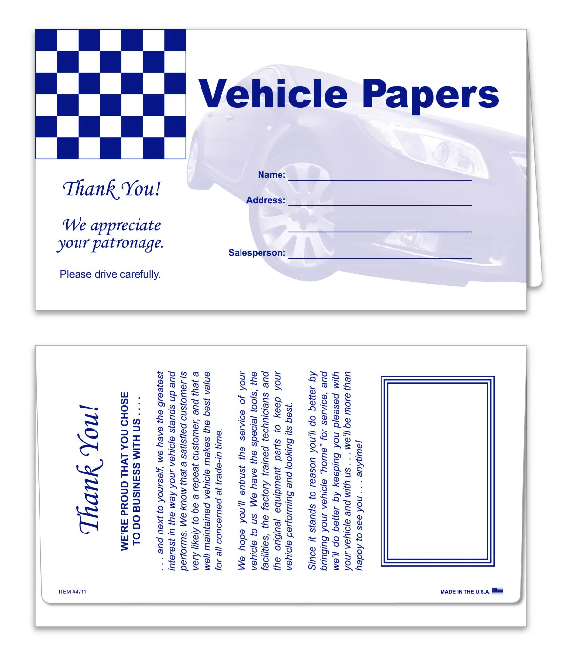 Blue Checker Flag Vehicle Paper Wallets – 6" X 10.5" Durable Automotive Document Holders – White Textured 65# Stock – Registration, Insurance, Maintenance Record Organizers 1