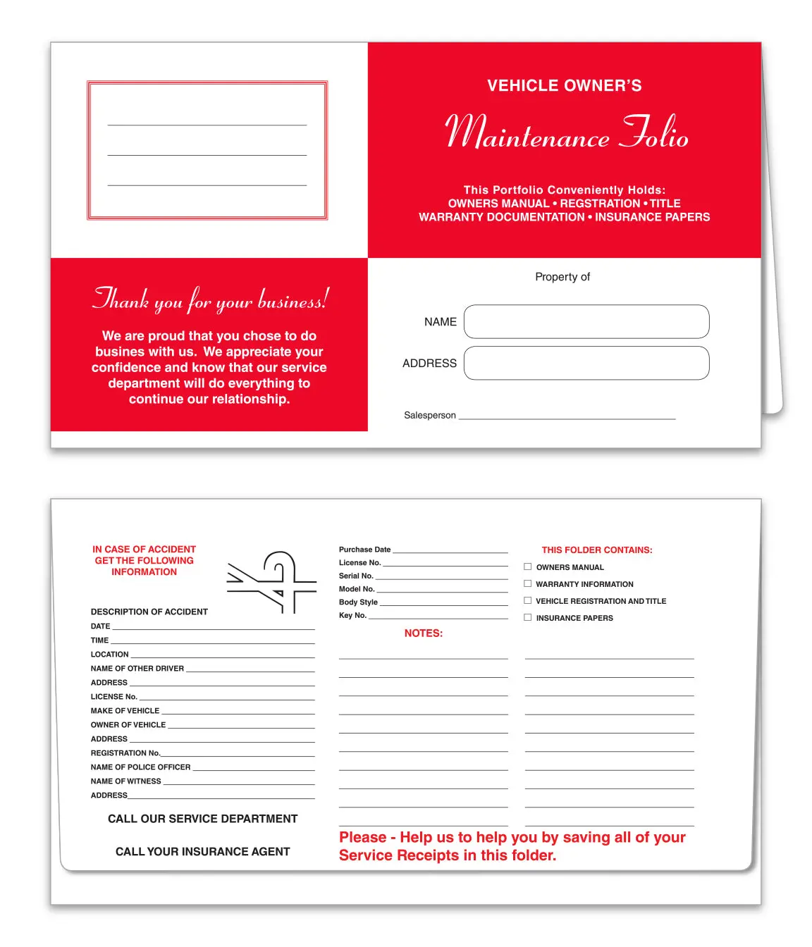 Red Vehicle Paper Wallets – 6" X 10.5" Durable Automotive Document Holders – Ideal For Car Registration, Insurance & Maintenance Records – White Textured 65# Stock 3