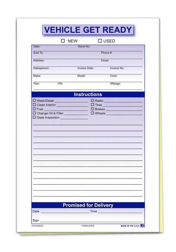 Vehicle Get Ready Form – 5.5" X 8.5" 2-Part Edge Glued Carbonless Form (White & Canary) – Detailed Vehicle Delivery & Preparation Documentation For Automotive Dealerships 1