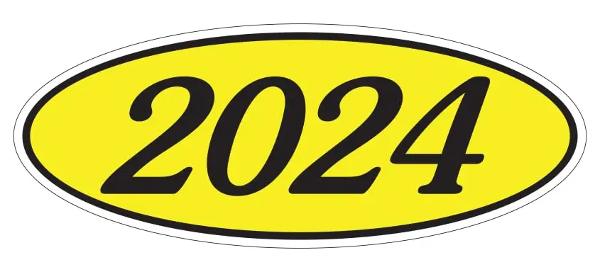 Durable, weather-resistant vinyl oval year window stickers in bold black-on-yellow design; features easy-apply, repositionable adhesive and a discreet back slit for smooth, bubble-free installation—measures 14" × 5.5"