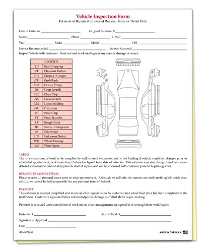 Vehicle Inspection & Estimate Form - 2 Part Carbonless Vehicle Inspection Form For Initial Walk-Around, Repairs Estimate, And Final Approval - 8-1/2"×11" Edge Glued - White, Canary 1