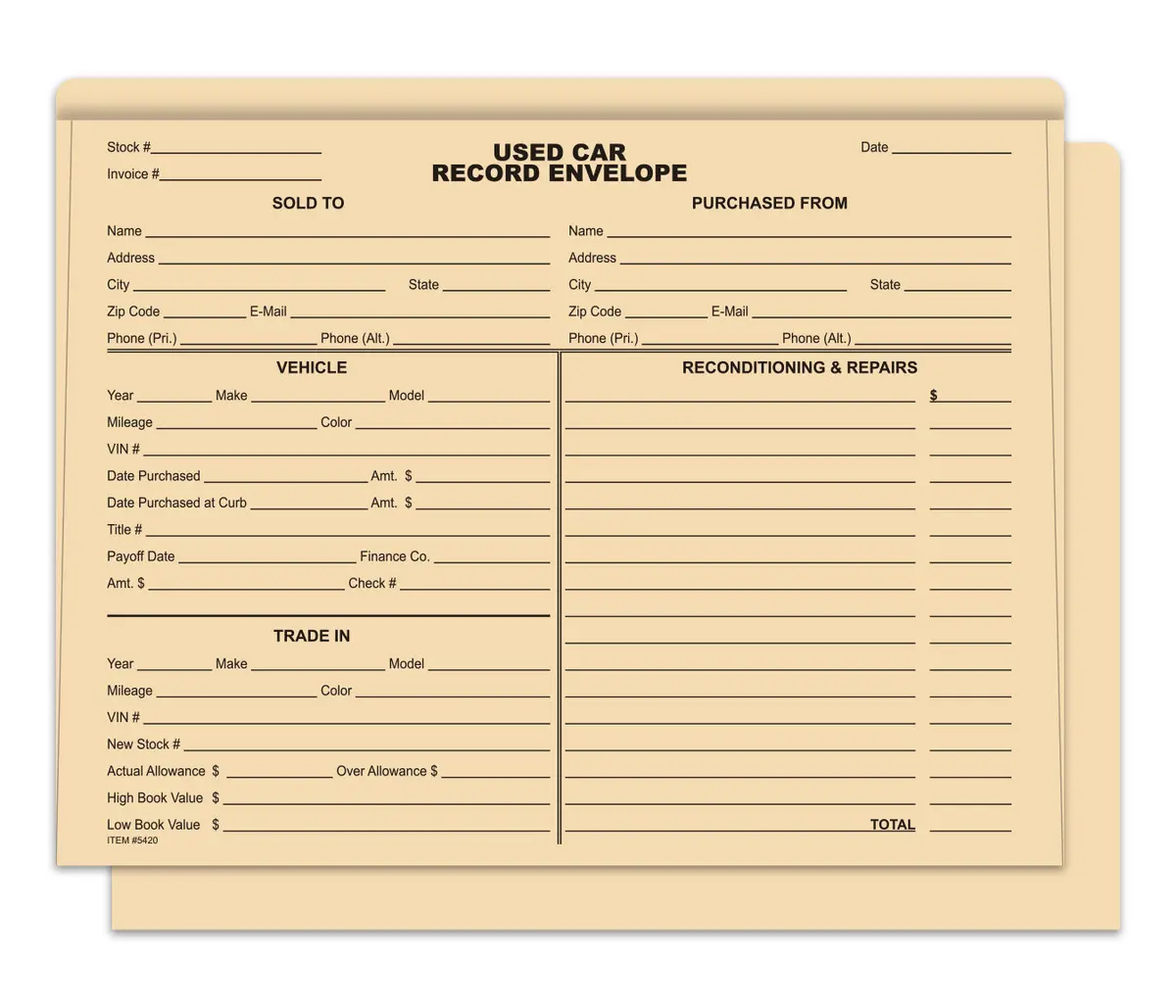Used Car Record Envelopes For Car Dealerships & Repair Shops – 9-3/8" X 11-3/4" With 1/2" Extension – Durable 100# Buff Stock Automotive Document Envelopes – Bulk Unwrapped Packs 1