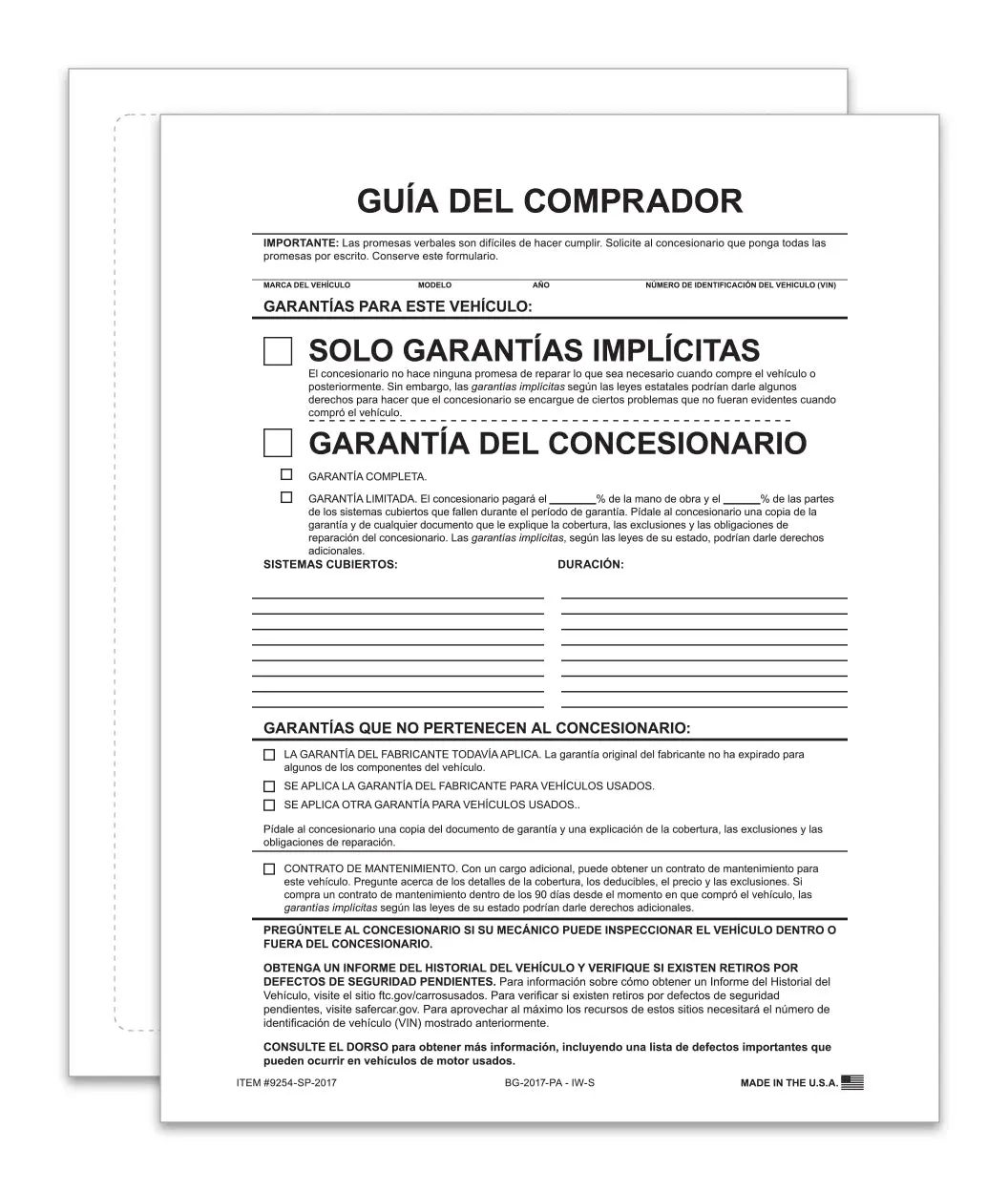 Implied Warranty Spanish Exterior Buyers Guide For Car Dealerships - 8.5" X 11" Weather-Resistant 1-Part Ftc-Compliant Vehicle Window Forms - Permanent 4-Side Self-Adhesive, Laser Compatible 1