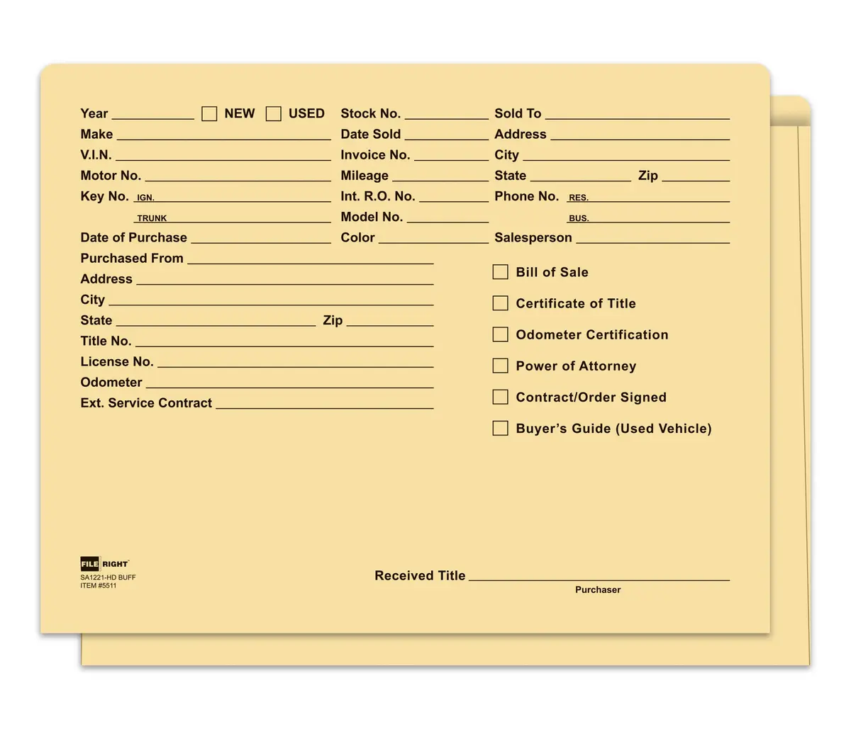 Heavy Duty Vehicle Deal Jackets 100# Stock (8 Pt.) - 12" × 9-3/8" Printed Car Dealer Envelopes - Includes 1/2" Extension, Rounded Corners - Multiple Colors Available 1