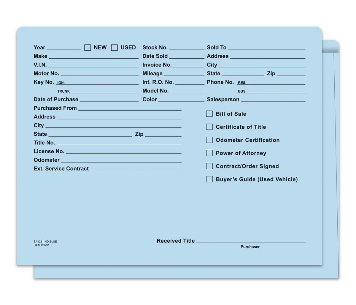 Heavy Duty Vehicle Deal Jackets 100# Stock (8 Pt.) - 12" × 9-3/8" Printed Car Dealer Envelopes - Includes 1/2" Extension, Rounded Corners - Multiple Colors Available 5
