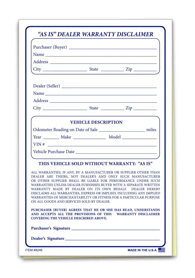 As Is" Dealer Warranty Disclaimer Forms – 5-1/2" × 8-1/2" 2-Part Carbonless Vehicle Sale Forms – White/Canary Edge-Glued – Dealership Liability Protection & Customer Acceptance 1