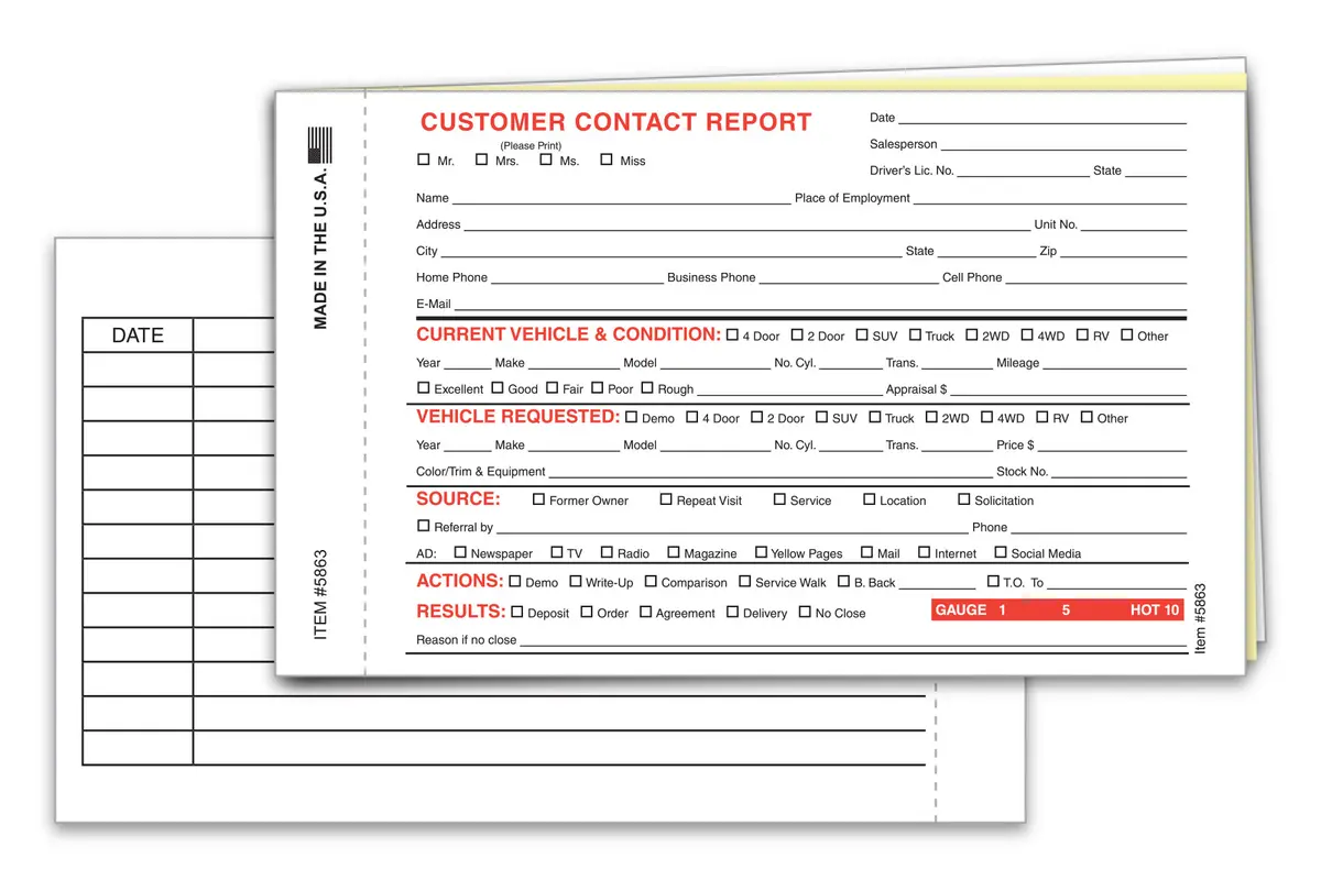 Prospect Tracker Customer Contact Report - 3-Part Carbonless Front And Back Forms For Tracking Prospects And Potential Buyers - (6-5/8" × 4") White, Canary, Pink 1
