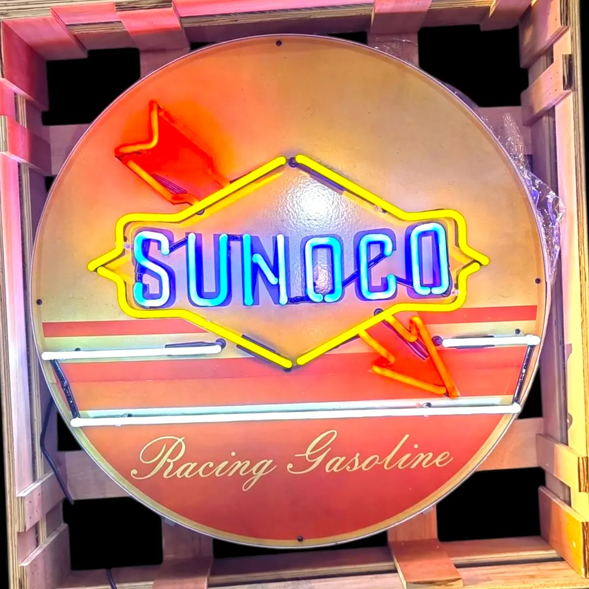 Sunoco Racing Gasoline Glass Neon Porcelain With Arrow And Steel Can 1
