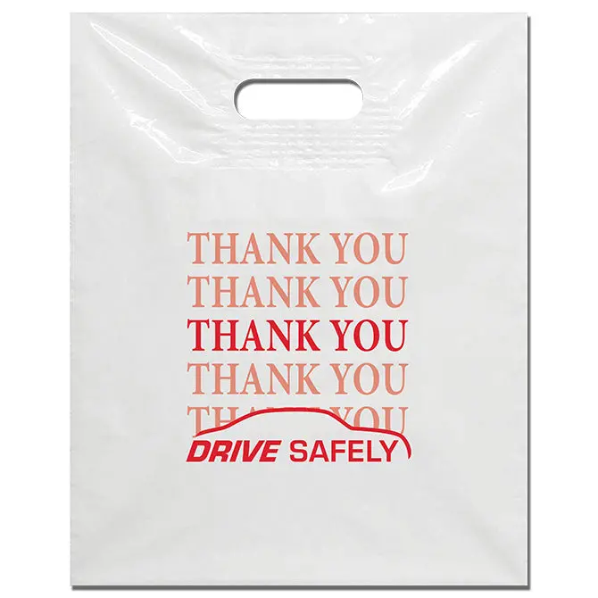 White Plastic Patch Handle Bags With Red Imprint – 12" X 15" Durable Low-Density Polyethylene (Ldpe) Reusable Carrier Bags – Die-Cut Reinforced Patch Handles For Retail, Events, Shopping & Promotional Use 1