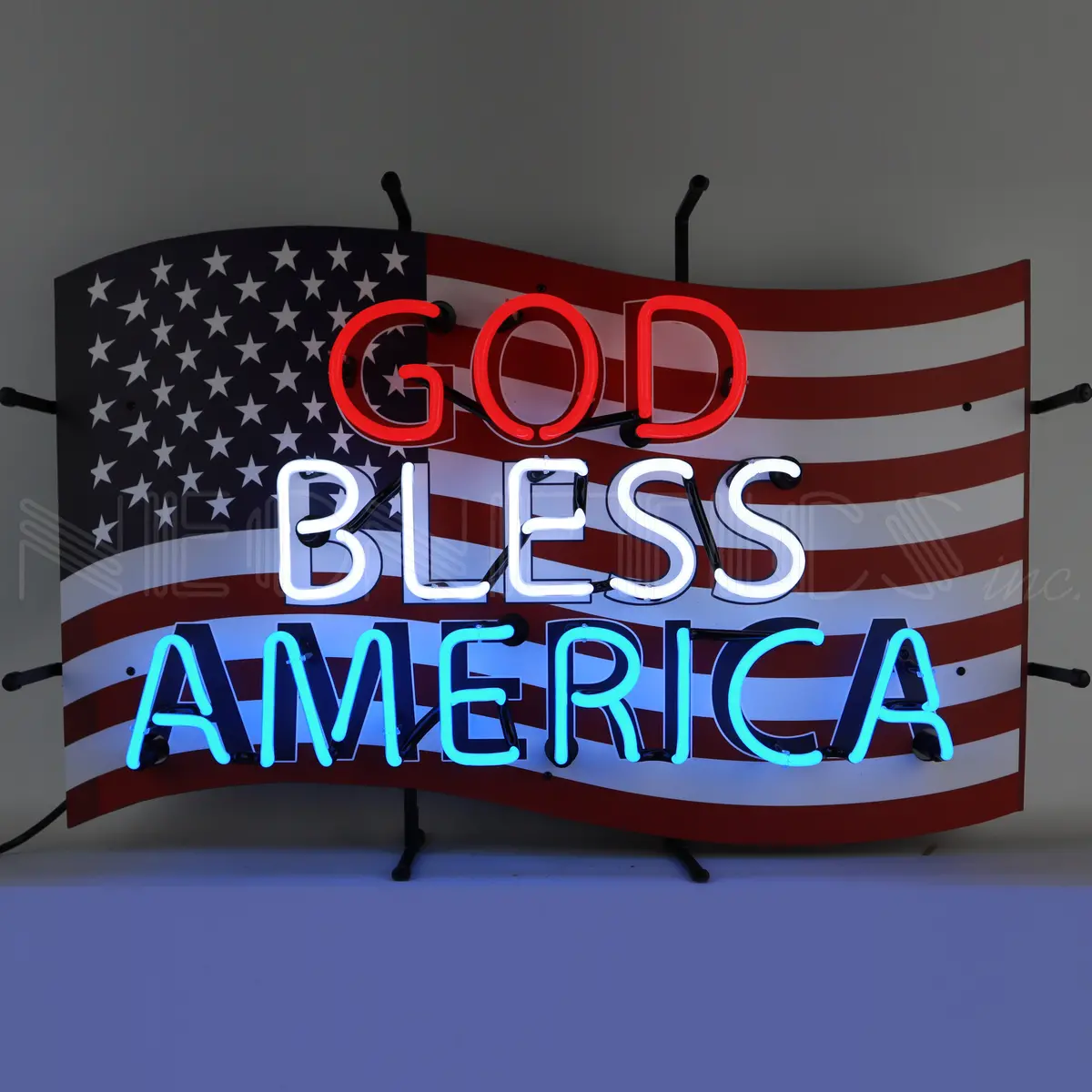 God Bless America Neon Sign With American Flag Background 1