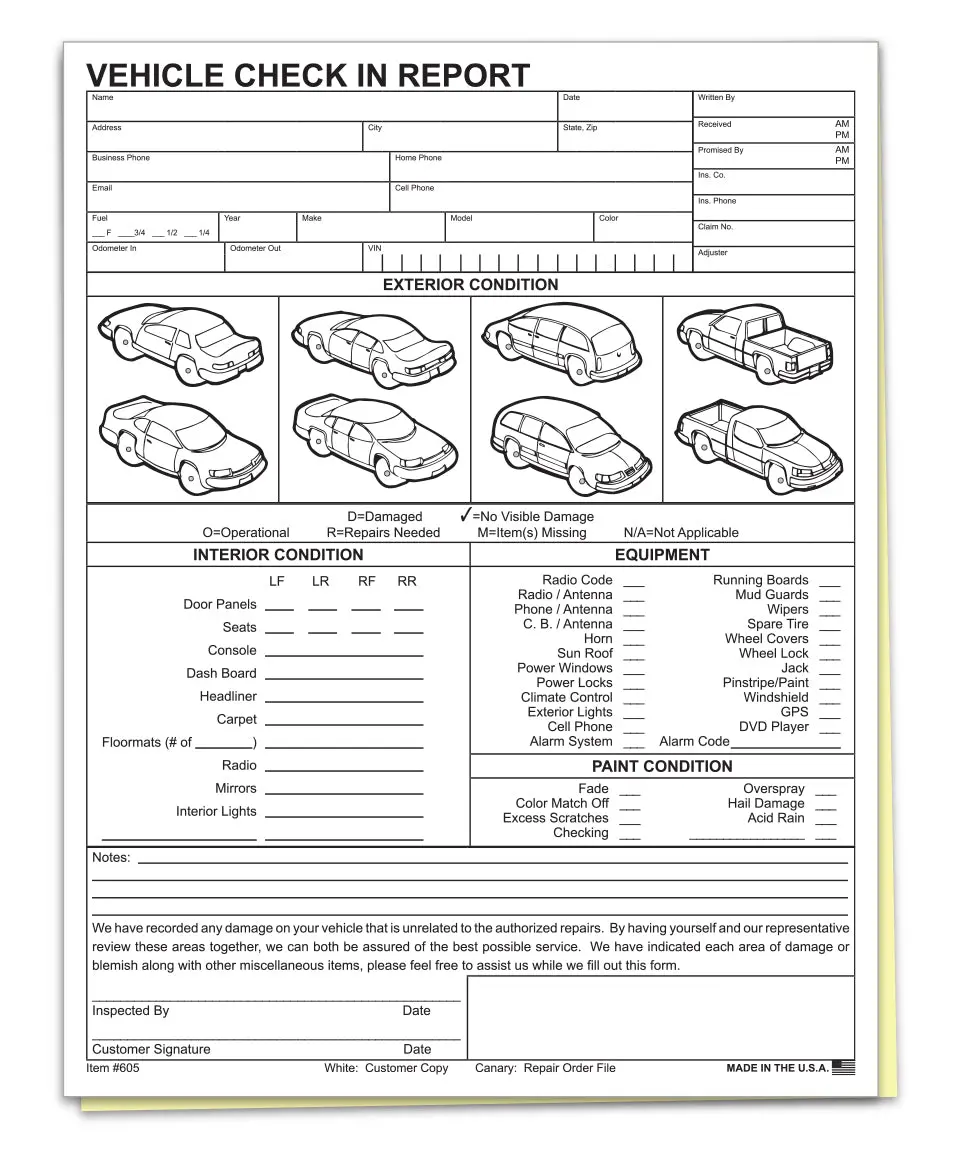 Vehicle Check-In Report Form - 8.5" X 11" 2-Part Carbonless Inspection Sheets - White & Canary Copies For Dealerships, Service Centers, And Fleet Management - Pack Of 100 1
