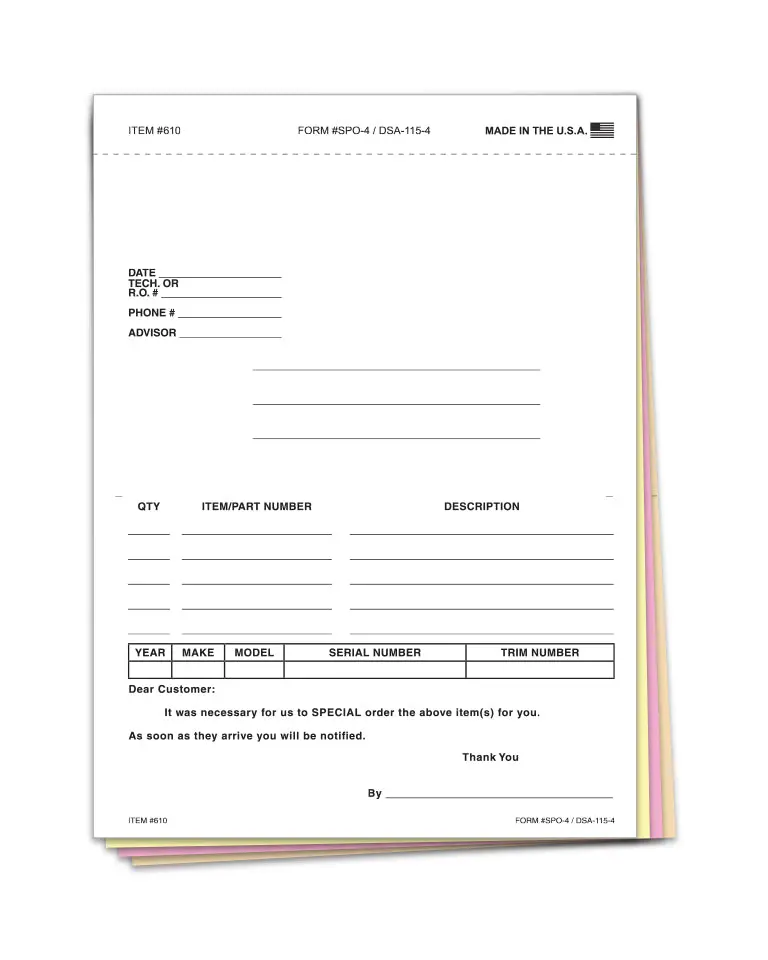 Professional Grade Special Parts Order Forms With Postcard Feature - 4-Part Carbonless Snap-Out Design For Automotive Dealerships - 5-2/3" X 7-1/2" Auto Parts Order Sheets - White, Canary, Pink, Manila Copies - Pack Of 100 1
