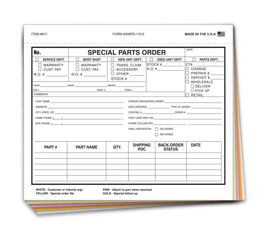 Special Parts Order Forms (Gmps-115-5) – 5-Part Snap-Out Carbonless Multi-Color Auto Parts Order Forms With Customer Message Section And Postcard Mailer – Compact 7" × 5-7/8" Size, 100 Sheets Pack 1