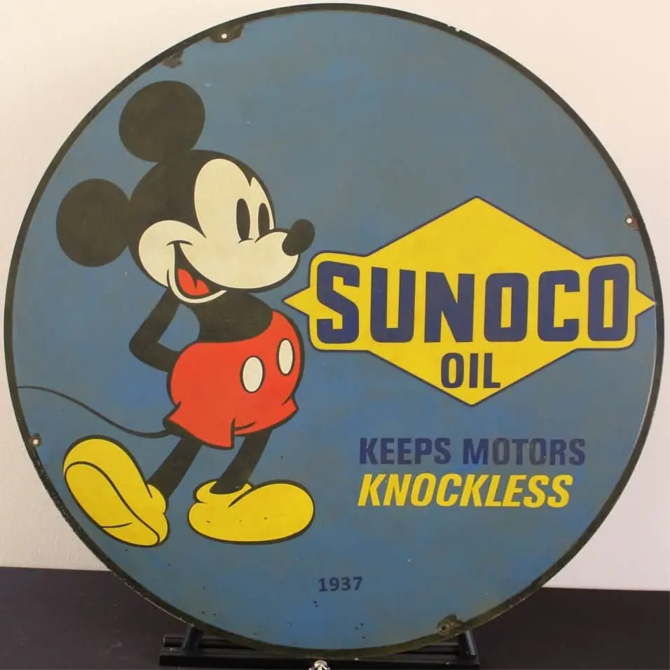 Sunoco Oil With Mickey Mouse Keep Motors Knockless Porcelain Enamel Sign 1
