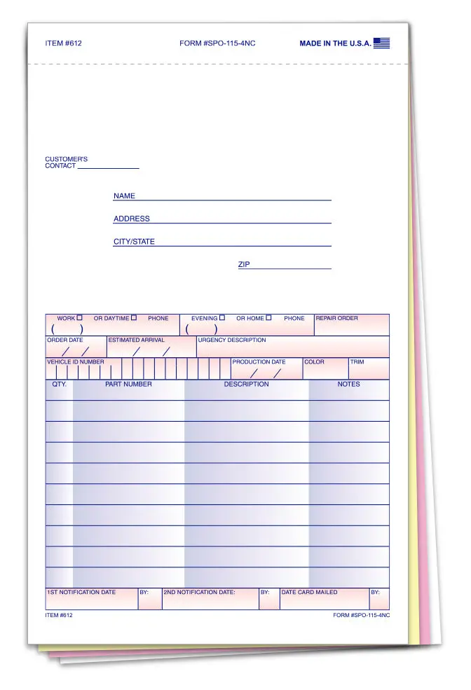 Special Parts Order Forms (Spo-115-4Nc) – 4-Part Carbonless Snap-Out Auto Parts Order Forms With Customer Message Section & Postcard Mailer – 5-2/3" × 9-1/4" Multi-Colored Copies – Bulk Pack Of 100 1