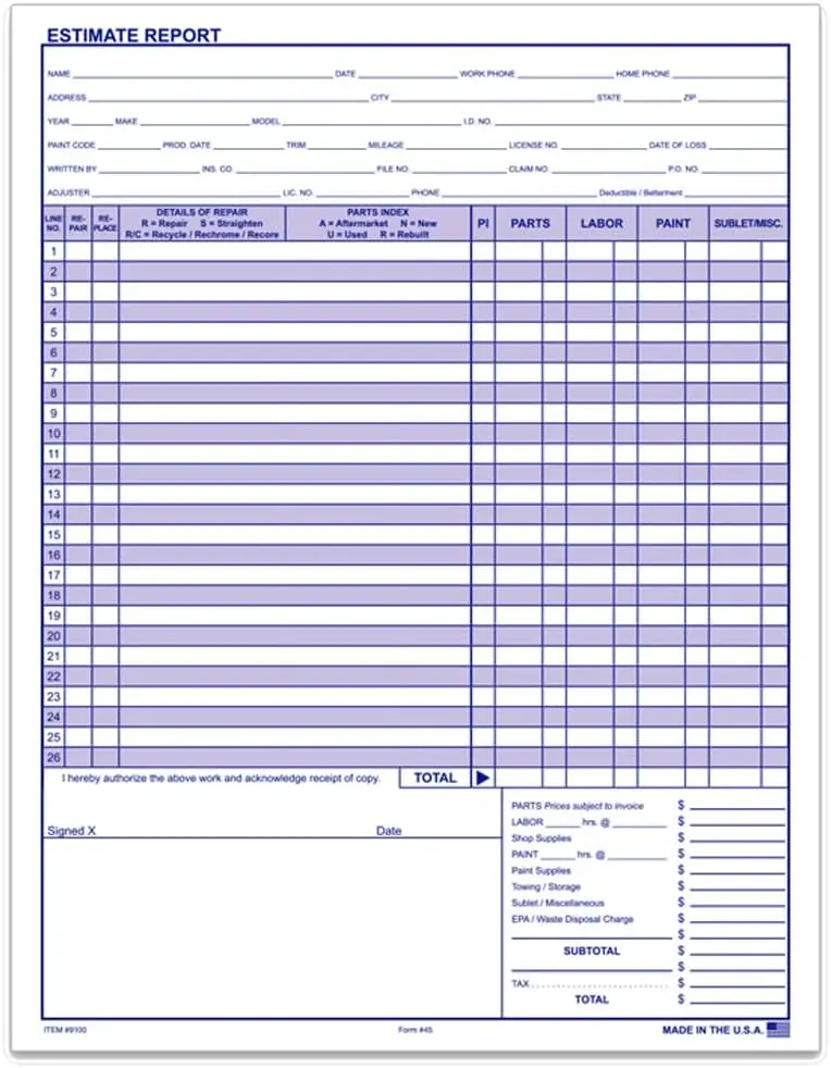 Automotive Repair Estimate Form - 8.5" X 11" 20# White Paper, 50 Sheets Per Pad - Customizable Large Dealer Name Area - Professional Auto Shop And Dealership Solution 1