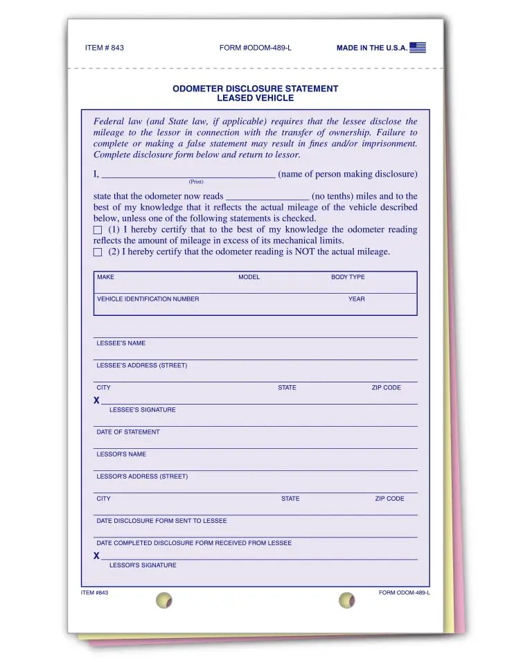 Lease Odometer Statements For Pre-Programmed Printers - 5-2/3" × 9-1/8" 3-Part Snap-Out Carbonless Forms - Complies With Federal Mileage Disclosure Laws - White, Canary, Pink 1