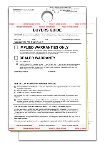 Implied Warranty Buyers Guide Forms For Car Dealerships – 2-Part Carbonless Vehicle Sale Forms – White/Canary – 7-1/3" × 11-3/4" Adhesive Window Display Ready – Ftc Compliant 1