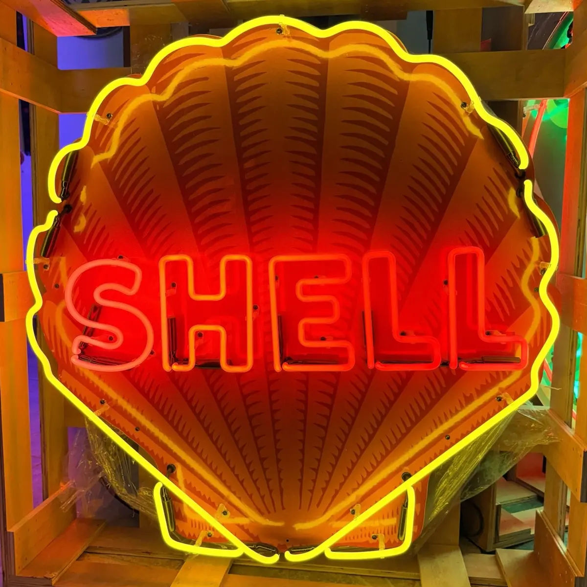Shell Gasoline Scallop Neon Porcelain Die Cut Sign With Can 1