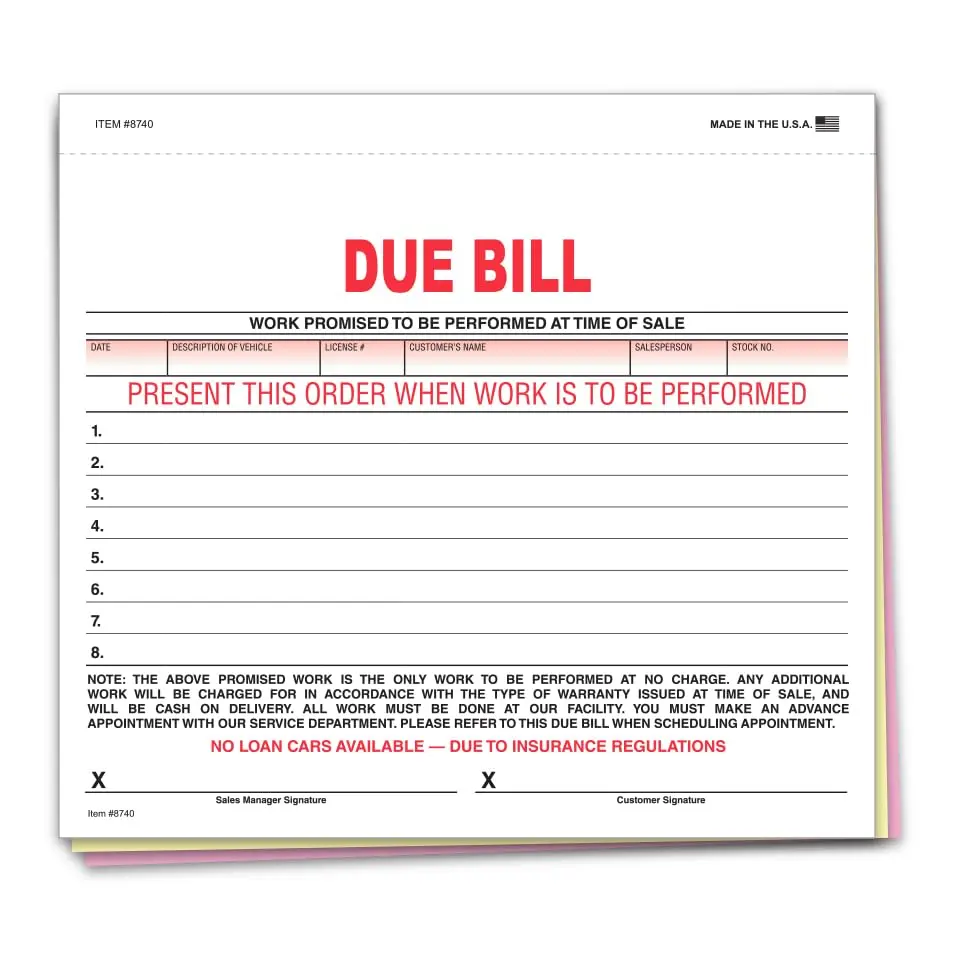 Due Bill Forms For Car Dealership - 8-1/2" × 7-3/4" 3-Part Snap-Out Carbonless Form For Post-Sale Equipment And Services Documentation - White, Canary, Pink 1