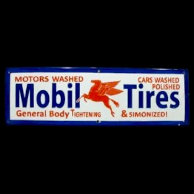 Mobil Tires Pegasus Strip Panel Die Cut Porcelain Vintage Metal Sign 1