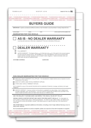 As-Is No Lines Buyers Guide Forms For Car Dealerships – 2-Part Carbonless Snap-Out Vehicle Sale Forms – White/White – 7-1/3" × 11-3/4" Adhesive Window Display Ready 1