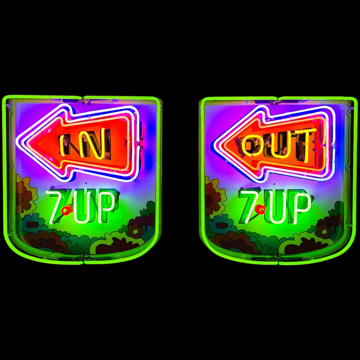 2Pc Set 7Up Uncola “In & Out” Neon Porcelain Cans With Arrow Vintage Exit Signs 1