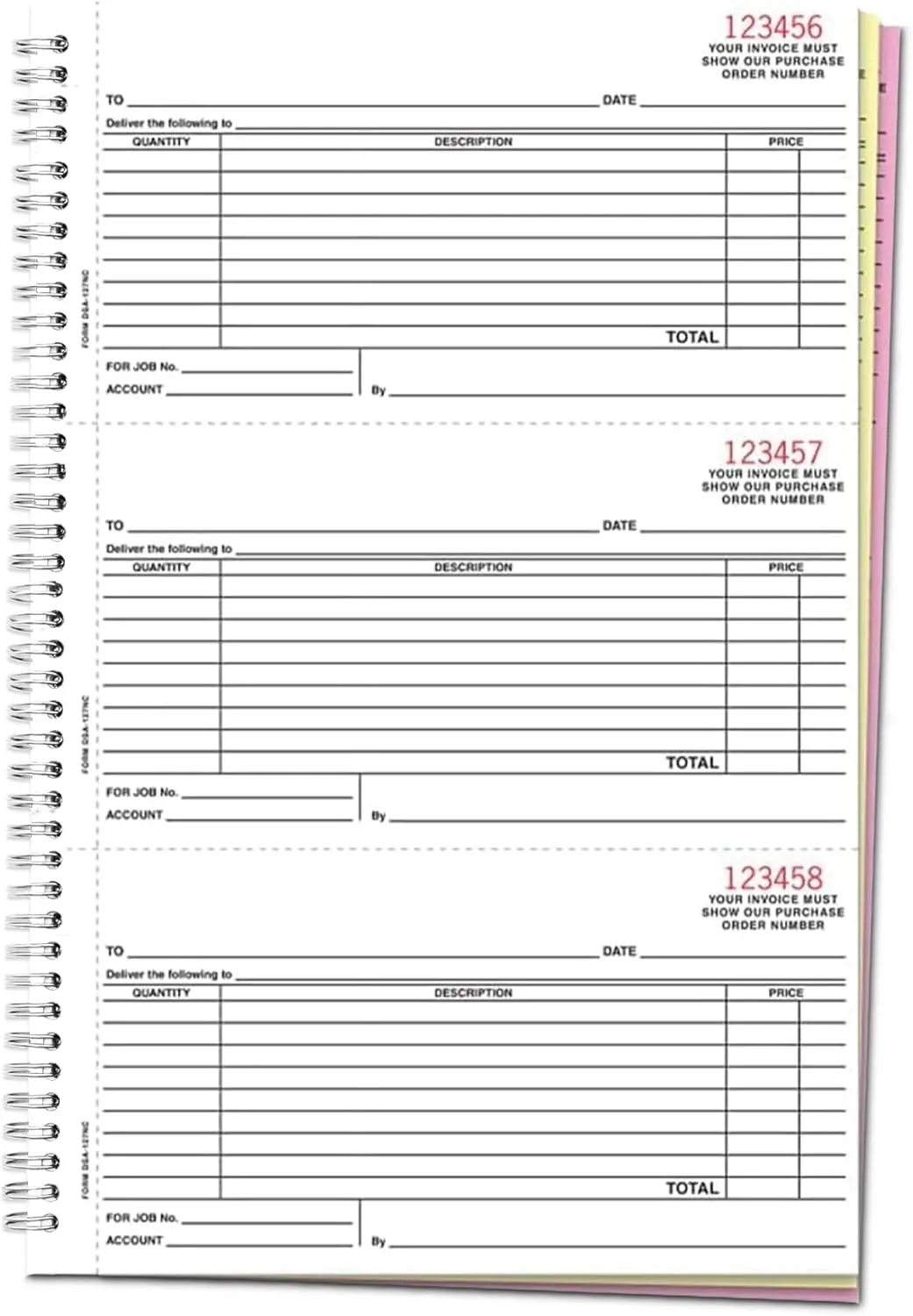 Purchase Order Books (Form Dsa-127-Nc) – 3-Part Carbonless Duplicate Forms In White, Canary & Pink Ncr Paper – 3 Purchase Orders Per Page (3-2/3" × 6-1/2") – Heavy-Duty 7.5" X 11" Coil 1