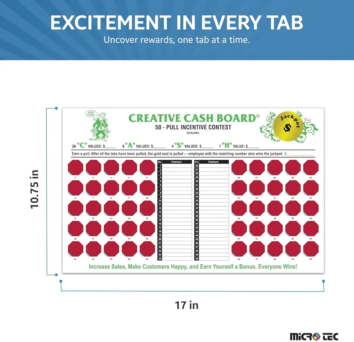 Incentive Cash Boards For Automotive Service Teams – 17" X 10-3/4" Motivational Reward Board With 50 Red Pull Tabs – 10-Point White Stock – Employee Performance & Sales Incentive Tool 1