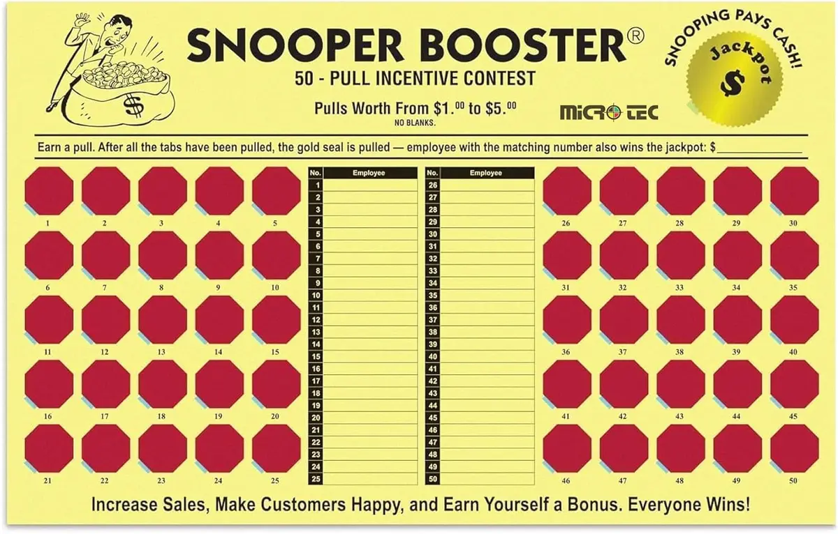 Incentive Cash Board – Snooper Booster 17" X 10-3/4" Yellow 10-Point Stock – Black Ink Printing With 50 Red Pull Tabs – Motivational Employee Performance & Sales Reward Tool 1